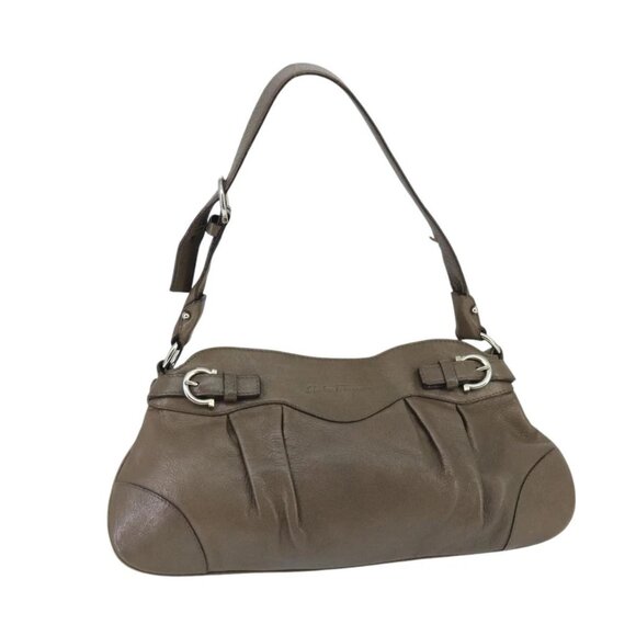 Salvatore Ferragamo Gancini Shoulder Bag Leather Brown Silver Auth bs19987 - Picture 1 of 16